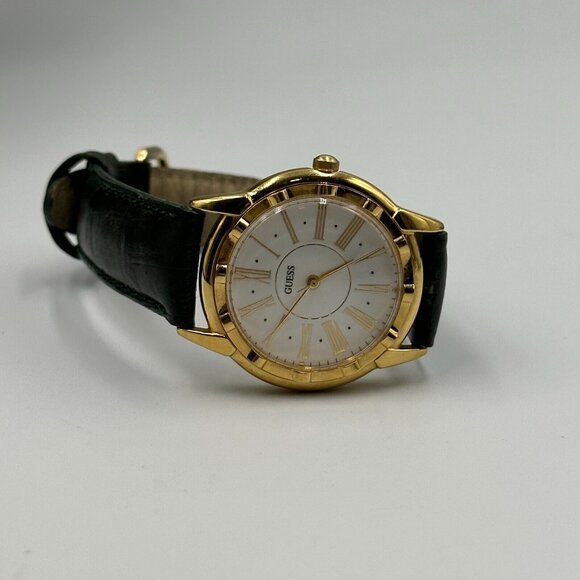 Vintage Guess Watch Women Gold Tone Dark Green Leather Band New Battery 9" - Picture 8 of 13